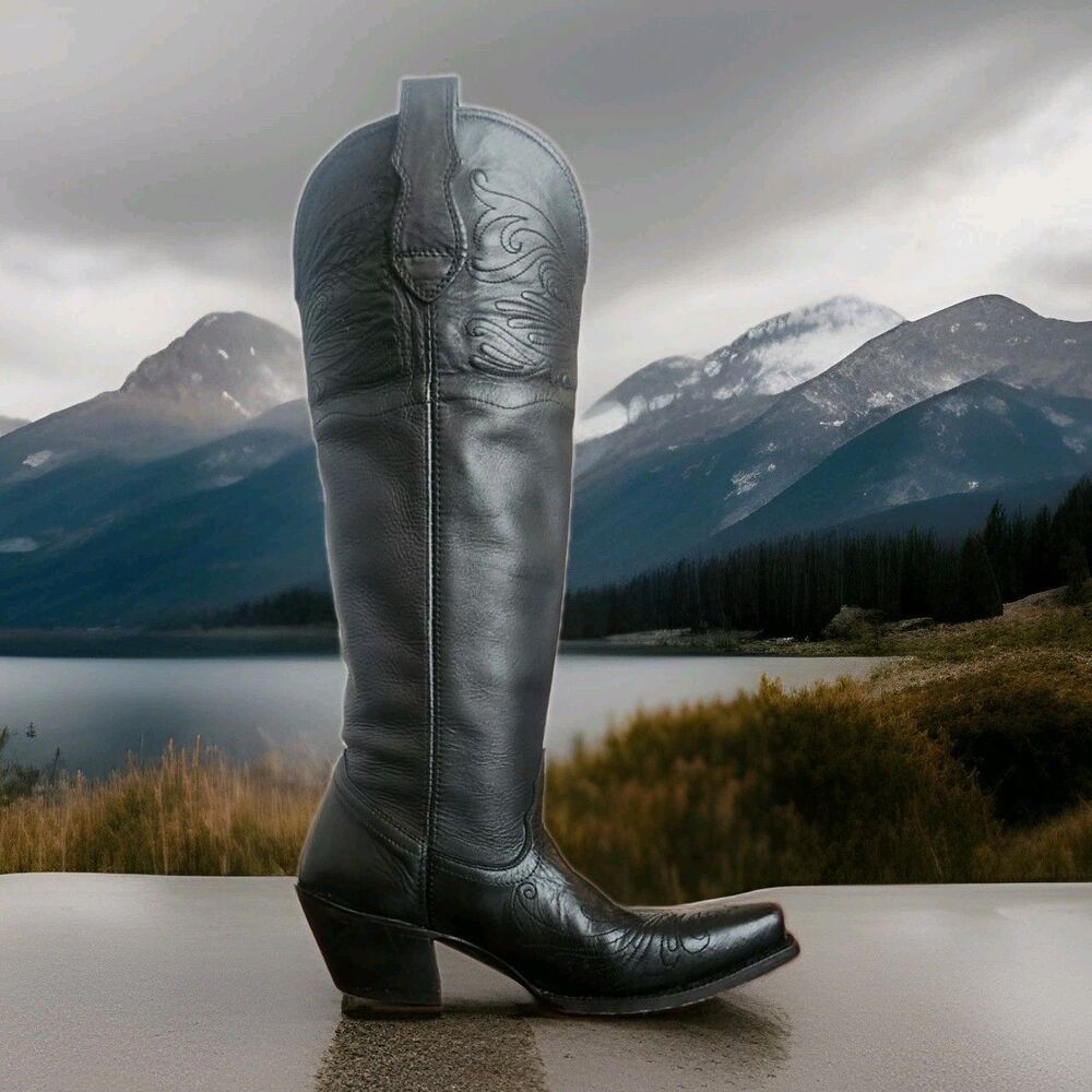Tony Lama Tall Knee High Black Leather Boots Sz 6B